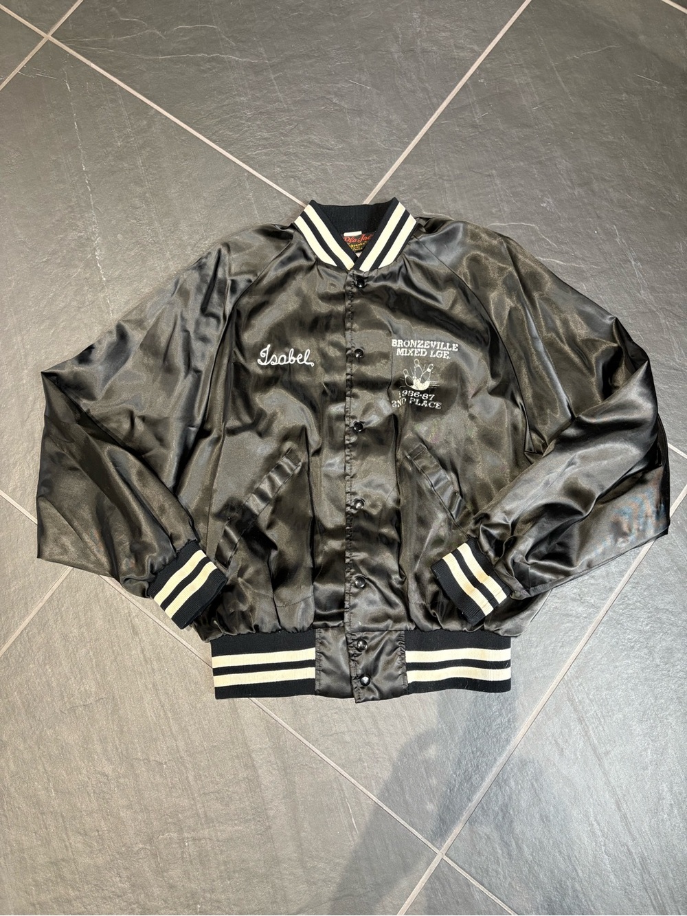 Vintage Satin Snap Jacket Black Pla-Jac Large Isabel